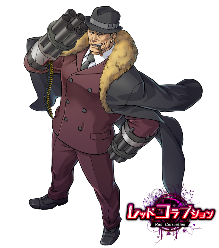 1boy ammunition arabagi arm_cannon black_footwear black_headwear black_jacket black_neckwear bow cigar formal full_body fur_trim grey_bow grin hand_up hat hat_bow jacket jacket_on_shoulders looking_at_viewer male_focus necktie official_art old_man pants red_corruption simple_background smile solo standing suit watermark weapon white_background