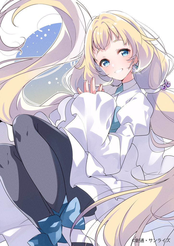 1girl black_legwear blonde_hair blue_eyes commentary_request dress earrings eve_(gundam_build_divers_re:rise) gundam gundam_build_divers_re:rise jewelry long_hair looking_at_viewer pantyhose sleeves_past_wrists smile solo u35 very_long_hair white_background white_dress wide_sleeves