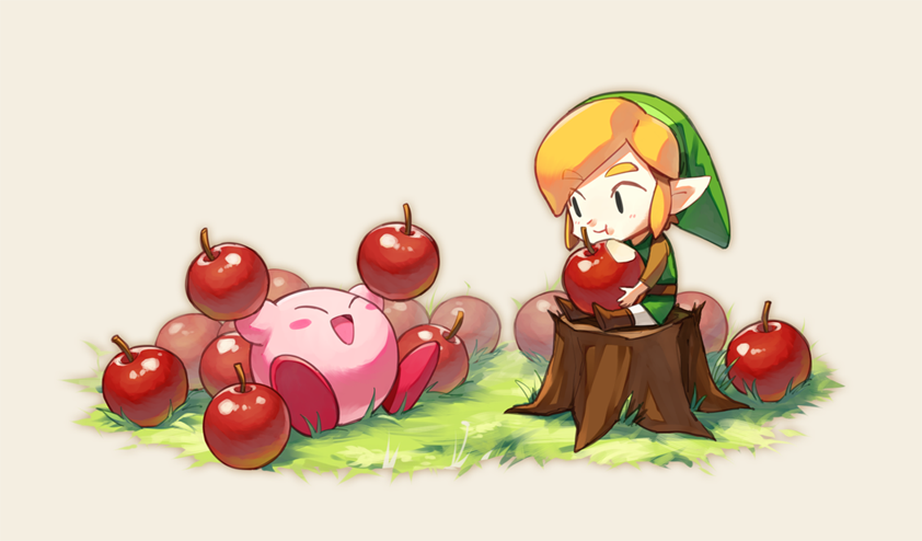 10s 1boy 1other 90s :d anny99943 apple belt blonde_hair blush_stickers boots eating elf food fruit grass green_headwear hal_laboratory_inc. hoshi_no_kirby hylian kirby kirby_(series) link nintendo nintendo_ead open_mouth pink_puff_ball sidelocks simple_background sitting sitting_on_tree_stump smile super_smash_bros. the_legend_of_zelda the_legend_of_zelda:_link's_awakening tree_stump tunic white_background