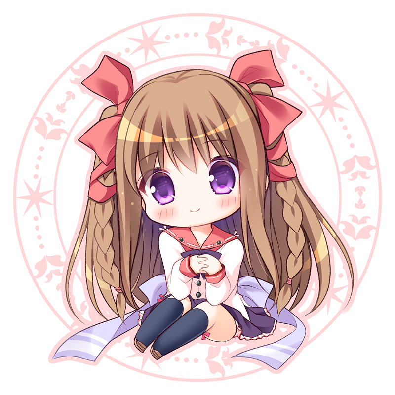 1girl bangs black_legwear blush bow braid brown_footwear brown_hair chibi closed_mouth eyebrows_visible_through_hair full_body hair_between_eyes hair_bow hands_together interlocked_fingers kneehighs loafers long_hair long_sleeves nursery_rhyme own_hands_together pleated_skirt purple_skirt red_bow red_sailor_collar ryuuka_sane sailor_collar shirt shoes sitting skirt sleeves_past_wrists smile solo tomoe_yukina twin_braids very_long_hair violet_eyes white_background white_shirt