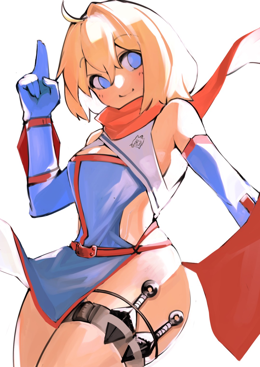&gt;_&lt; 1girl alice_margatroid bangs blonde_hair blue_eyes blue_gloves blush breasts closed_mouth commentary_request cookie_(touhou) cowboy_shot elbow_gloves gloves hair_between_eyes highres holster inubashiri_momiji kuji-in kunai looking_to_the_side medium_breasts ninja okasan01 red_scarf scarf short_hair simple_background smile solo thigh_holster touhou weapon web_(cookie) white_background