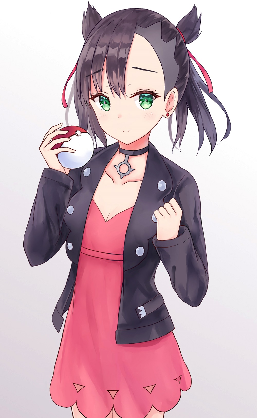 1girl akaya_(pixiv20545353) asymmetrical_bangs bangs black_choker black_hair black_jacket blush choker closed_mouth collarbone commentary_request dress earrings eyebrows_visible_through_hair gradient gradient_background green_eyes grey_background hair_ribbon hands_up highres holding holding_poke_ball jacket jewelry long_sleeves looking_at_viewer mary_(pokemon) open_clothes open_jacket pink_dress poke_ball poke_ball_(generic) pokemon pokemon_(game) pokemon_swsh red_ribbon ribbon smile solo stud_earrings white_background