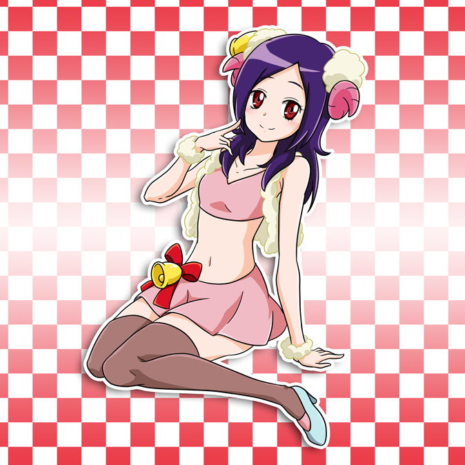 1girl arm_support bangs blue_footwear brown_legwear checkered checkered_background closed_mouth collarbone crop_top fresh_precure! full_body higashi_setsuna horns long_hair looking_at_viewer midriff miniskirt navel niita parted_bangs pink_skirt pleated_skirt precure pumps purple_hair red_eyes shiny shiny_hair sitting skirt smile solo stomach thigh-highs zettai_ryouiki