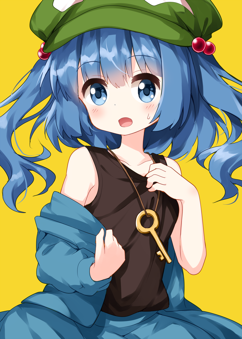 1girl bangs bare_shoulders black_shirt blue_eyes blue_hair blue_jacket blush breasts cabbie_hat commentary_request eyebrows_visible_through_hair green_headwear hair_bobbles hair_ornament hat highres jacket kawashiro_nitori key long_hair looking_at_viewer off_shoulder open_clothes open_jacket open_mouth ruu_(tksymkw) shirt simple_background sleeveless sleeveless_shirt small_breasts solo sweat touhou two_side_up upper_body yellow_background