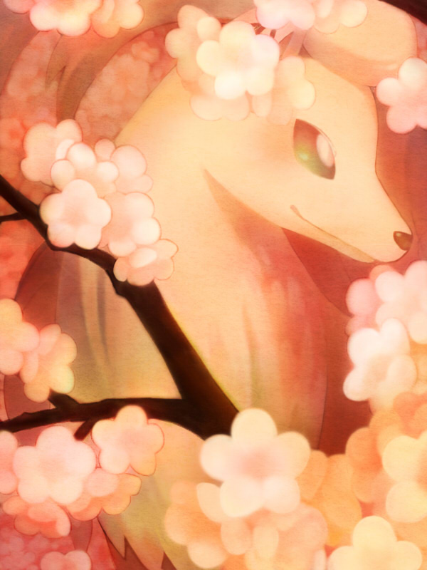 animal cherry_blossoms closed_mouth flower fox gen_1_pokemon kiusagi looking_to_the_side ninetales no_humans pink_flower pokemon pokemon_(game) pokemon_rgby sidelocks smile solo