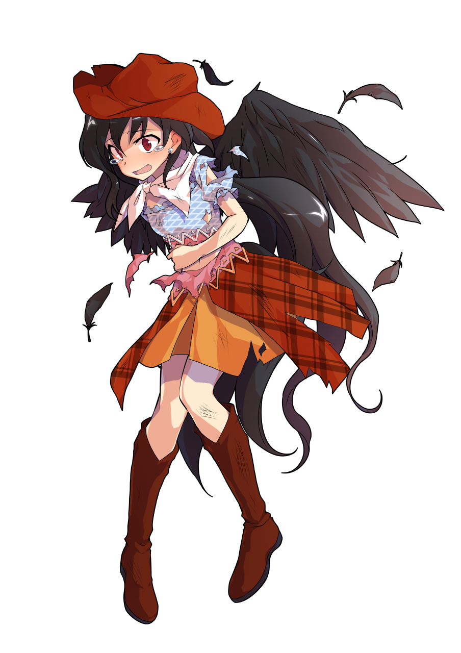 1girl alphes_(style) black_hair black_wings boots brown_footwear brown_headwear cowboy_hat dairi eyebrows_visible_through_hair feathered_wings feathers full_body hand_on_own_stomach hat highres horse_tail kurokoma_saki long_hair looking_at_viewer navel neckerchief open_mouth orange_skirt parody ponytail puffy_short_sleeves puffy_sleeves red_eyes shiny shiny_hair shirt short_sleeves skirt solo style_parody tachi-e tail tears torn_clothes torn_shirt torn_skirt touhou transparent_background very_long_hair white_neckwear wings