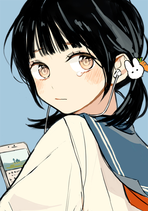 1girl black_hair blue_background blush brown_eyes bunny_hair_ornament carrot_hair_ornament cellphone closed_mouth commentary_request earphones earphones food_themed_hair_ornament from_behind hair_ornament holding holding_cellphone holding_phone looking_at_viewer looking_back original phone ryuushi sailor_collar sailor_shirt shirt short_hair short_twintails simple_background smartphone solo tearing_up twintails upper_body white_shirt