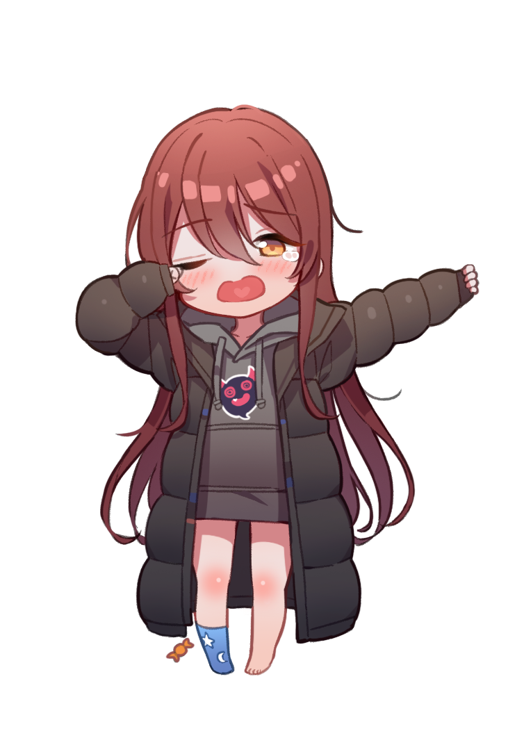 1girl bangs barefoot black_jacket blue_legwear blush brown_eyes brown_hair candy_wrapper chibi crescent_print drawstring eyebrows_visible_through_hair full_body grey_hoodie hair_between_eyes hood hood_down hoodie idolmaster idolmaster_shiny_colors jacket kuri_choko long_hair long_sleeves no_shoes one_eye_closed oosaki_tenka open_clothes open_jacket open_mouth outstretched_arm pinching_sleeves print_legwear puffy_long_sleeves puffy_sleeves simple_background single_sock sleeves_past_wrists socks solo standing star star_print tears very_long_hair white_background