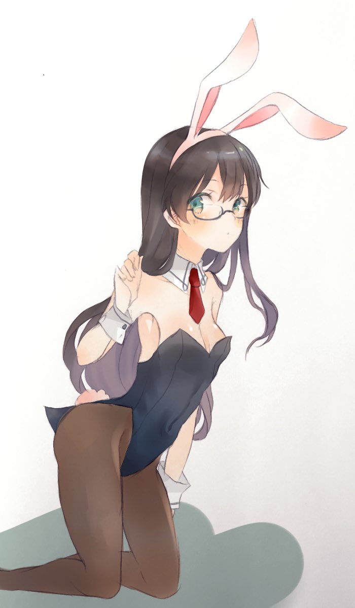 1girl animal_ears black_hair blush breasts bunny_day bunny_tail bunnysuit detached_collar green_eyes kantai_collection kneeling long_hair looking_at_viewer necktie ooyodo_(kantai_collection) pantyhose rabbit_ears raymie0124 semi-rimless_eyewear shadow small_breasts solo tail under-rim_eyewear wrist_cuffs