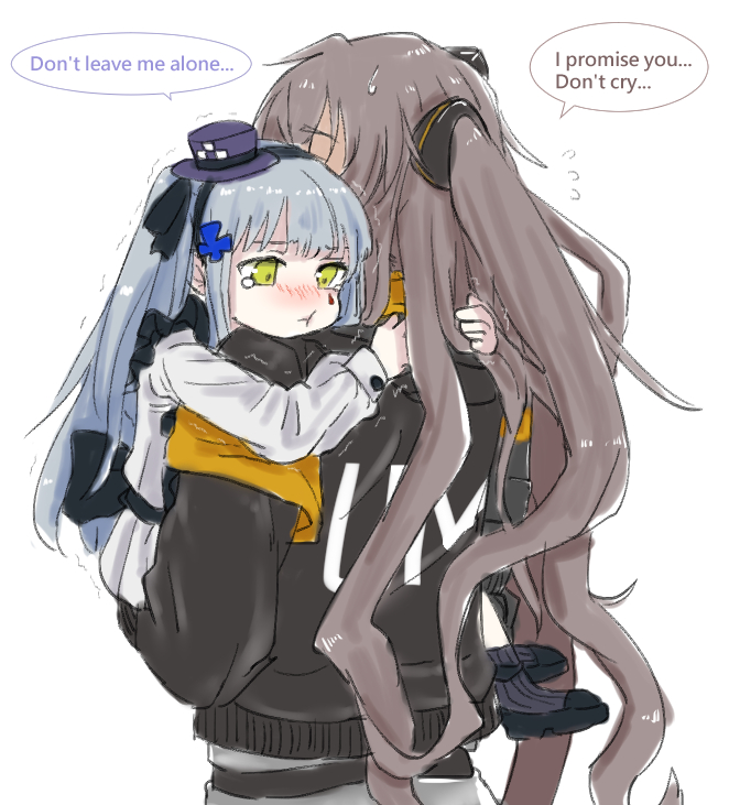 2girls aoi_(aoisaka) armband baby_carry blue_hair blush commentary_request crying crying_with_eyes_open english_text girls_frontline green_eyes grey_hair hat hk416_(girls_frontline) long_hair mini_hat multiple_girls sweatdrop tears twintails ump45_(girls_frontline) younger