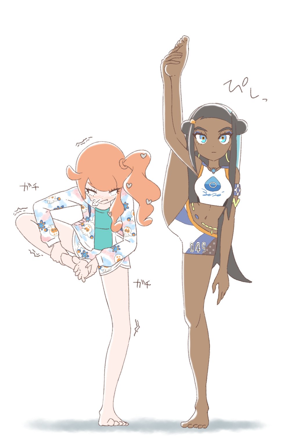 2girls aqua_eyes bangs black_hair blue_eyes blue_hair blush dark_skin earrings exercise flexible hair_ornament heart heart_hair_ornament highres hoop_earrings jewelry leg_up long_hair looking_at_viewer multicolored_hair multiple_girls navel ochadzuke orange_hair pajamas pokemon pokemon_(game) pokemon_swsh rurina_(pokemon) side_ponytail simple_background sonia_(pokemon) split standing standing_on_one_leg standing_split stretch sunglasses two-tone_hair white_background