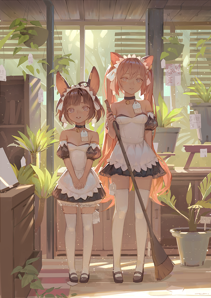2girls animal_ears apron bangs bare_shoulders bell bell_choker black_choker black_dress black_footwear black_sleeves breasts broom brown_hair choker collarbone commentary detached_sleeves dress echosdoodle grey_eyes holding holding_broom indoors jingle_bell long_hair maid_headdress multiple_girls original parted_lips plant potted_plant price_tag puffy_short_sleeves puffy_sleeves shoes short_hair short_sleeves small_breasts standing strapless strapless_dress thigh-highs twintails very_long_hair white_apron white_legwear window
