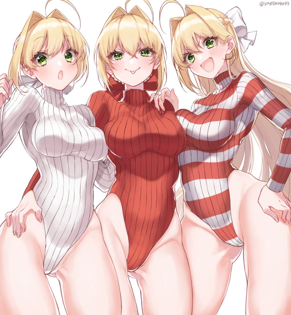 3girls ahoge artist_name artoria_pendragon_(all) ass_visible_through_thighs bangs blonde_hair blush bow braid breasts commentary_request eyebrows_visible_through_hair fate/grand_order fate_(series) fingernails french_braid green_eyes hair_bow hand_on_hip hand_on_shoulder highleg highleg_leotard highres leotard long_hair long_sleeves looking_at_viewer medium_breasts multiple_girls nero_claudius_(fate) nero_claudius_(fate)_(all) open_mouth red_bow red_leotard ribbed_leotard shiny shiny_hair signature simple_background smile striped striped_leotard thighs tied_hair tongue tongue_out turtleneck v-shaped_eyebrows white_background white_bow white_leotard yayoimaka03
