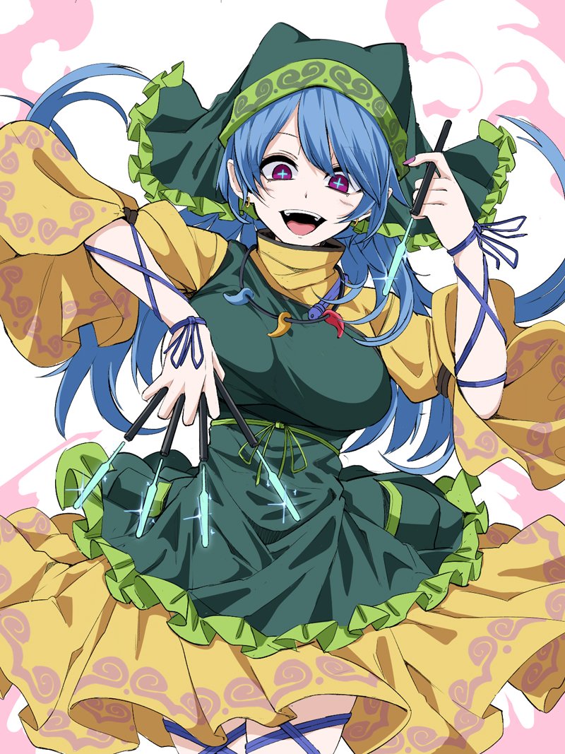 +_+ 1girl :d apron bangs blue_hair breasts chisel commentary_request cowboy_shot dress earrings green_apron hand_up haniyasushin_keiki head_scarf holding jewelry juliet_sleeves large_breasts long_hair long_sleeves looking_at_viewer magatama magatama_necklace nail_polish necklace open_mouth puffy_sleeves purple_nails rihito_(usazukin) simple_background smile solo standing touhou violet_eyes white_background wide_sleeves yellow_dress