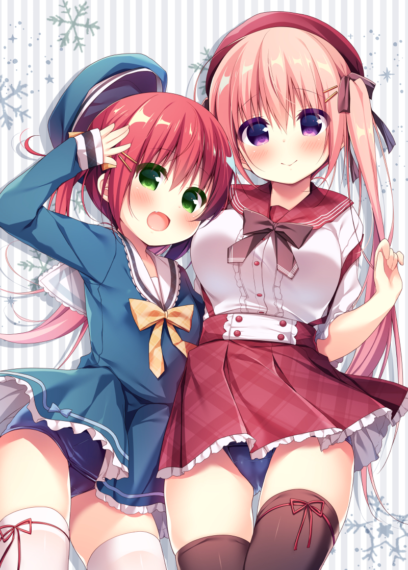2girls :d arm_up bangs beret black_bow blue_dress blue_headwear blue_swimsuit blush bow breasts brown_bow brown_legwear center_frills closed_mouth commentary_request dress eyebrows_visible_through_hair frills green_eyes hair_between_eyes hair_ornament hairclip hanamiya_natsuka hand_up hat hat_removed headwear_removed large_breasts long_hair long_sleeves multiple_girls old_school_swimsuit one-piece_swimsuit open_mouth original pink_hair plaid plaid_bow plaid_sailor_collar plaid_skirt pleated_skirt red_headwear red_ribbon red_sailor_collar red_skirt redhead ribbon sailor_collar sailor_dress school_swimsuit school_uniform serafuku shirt skirt sleeves_past_wrists smile snowflake_background striped striped_background swimsuit swimsuit_under_clothes thigh-highs twintails vertical-striped_background vertical_stripes very_long_hair violet_eyes white_legwear white_sailor_collar white_shirt