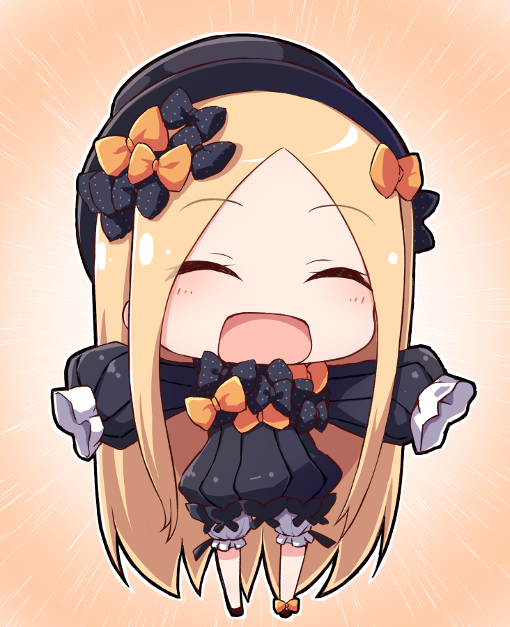 1girl :d ^_^ abigail_williams_(fate/grand_order) bangs black_bow black_dress black_footwear black_headwear blonde_hair bloomers blush bow bug butterfly chibi closed_eyes commentary_request dress eyebrows_visible_through_hair facing_viewer fate/grand_order fate_(series) forehead full_body hair_bow hat insect long_hair long_sleeves nenosame open_mouth orange_bow outstretched_arms parted_bangs polka_dot polka_dot_bow sleeves_past_fingers sleeves_past_wrists smile solo spread_arms standing underwear very_long_hair white_bloomers