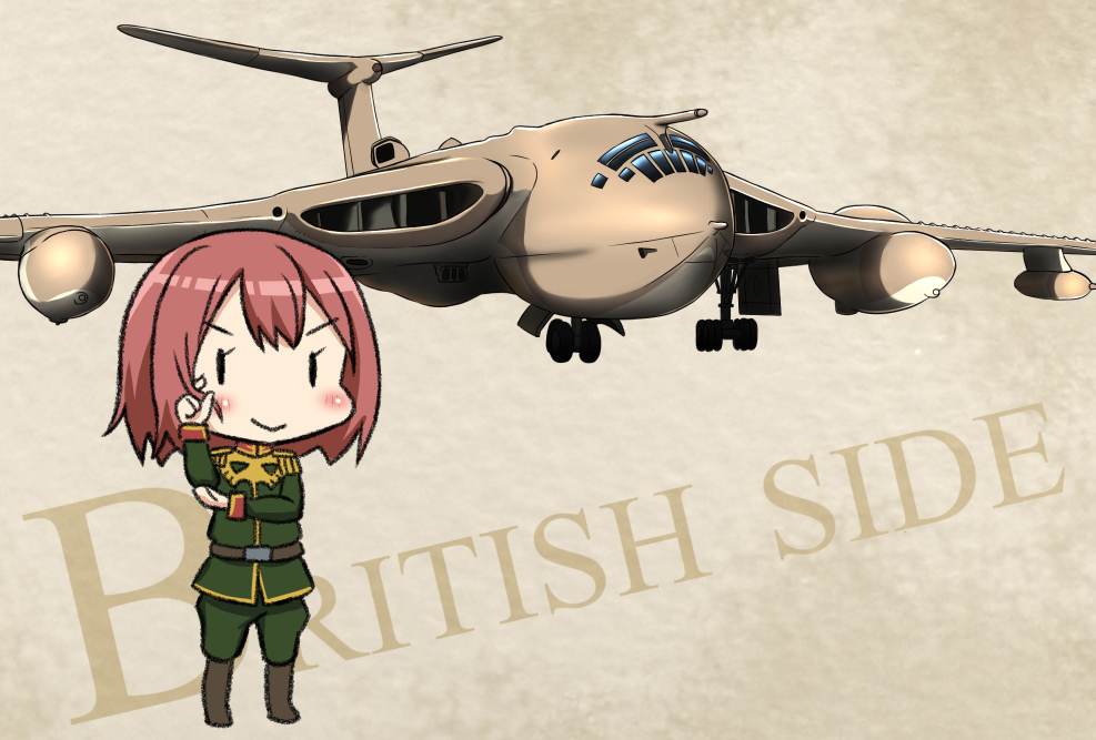 1girl aircraft airplane belt bob_cut bomber brown_belt commentary_request epaulettes fairy_(kantai_collection) green_jacket green_pants handley_page_victor jacket kantai_collection long_sleeves military military_uniform military_vehicle pants redhead short_hair solid_oval_eyes solo tsukemon uniform