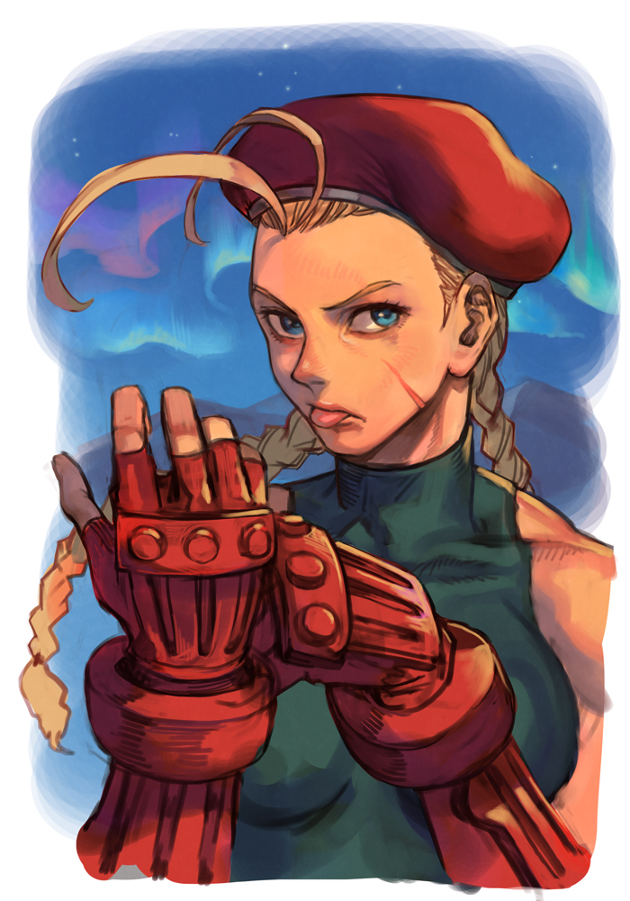 1girl ahoge beret blonde_hair blue_eyes braid cammy_white gauntlets glowing hankuri hat hankuri long_braid long_hair looking_at_viewer portrait red_headwear solo_focus street_fighter tongue tongue_out twin_braids