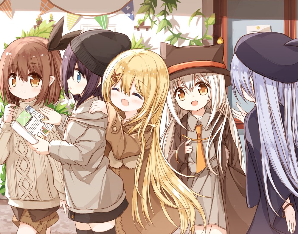 5girls :d animal_ears animal_hat aran_sweater bangle bangs beanie beret black_dress black_headwear black_legwear black_skirt blonde_hair blue_eyes blue_hair blush bracelet brown_coat brown_eyes brown_hair brown_headwear brown_shorts brown_sweater closed_mouth coat collared_shirt commentary_request dress eyebrows_visible_through_hair fake_animal_ears grey_jacket grey_shirt grey_skirt hair_between_eyes hair_ornament hand_on_another's_shoulder hat holding jacket jewelry long_hair long_sleeves multiple_girls necktie open_mouth orange_neckwear original parted_lips pennant pleated_skirt profile purple_hair shirt short_shorts shorts skirt sleeves_past_wrists smile string_of_flags sweater thigh-highs very_long_hair white_hair wide_sleeves x_hair_ornament yuuhagi_(amaretto-no-natsu)