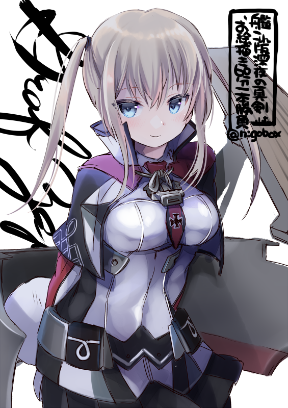 1girl anchor arms_behind_back bangs black_skirt blonde_hair blue_eyes blush breasts capelet celtic_knot character_name cursive graf_zeppelin_(kantai_collection) iron_cross kantai_collection long_hair long_sleeves military military_uniform nigo no_hat no_headwear rigging sidelocks simple_background skirt smile solo twintails twitter_username uniform white_background