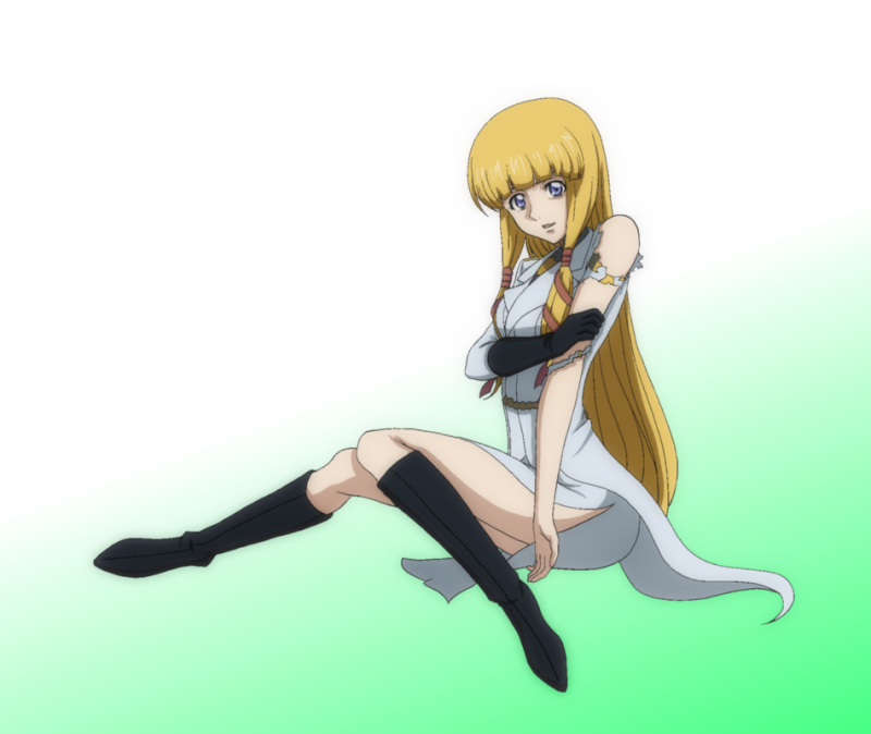 1girl black_legwear blonde_hair blue_eyes boots breasts cape code_geass green_background hair_ornament hair_ribbon kneehighs long_hair looking_to_the_side medium_breasts monica_kruszewski open_mouth pilot_suit ribbon s_a_g_a shiny shiny_hair simple_background sitting smile solo torn_clothes twintails two-tone_background white_background