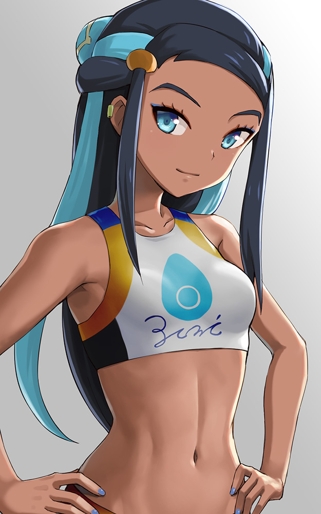 1girl bare_shoulders black_hair blue_eyes blue_eyeshadow blue_hair breasts closed_mouth collarbone dark_skin ear_piercing eyeliner forehead gradient gradient_background grey_background gym_leader hair_bun hands_on_hips hashi jewelry long_hair looking_at_viewer makeup multicolored_hair navel piercing pokemon pokemon_(game) pokemon_swsh rurina_(pokemon) small_breasts smile solo sports_bra sportswear two-tone_hair