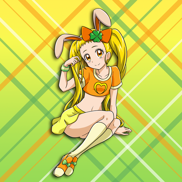 1girl animal_ears arm_support blonde_hair bow closed_mouth collarbone crop_top gradient gradient_background green_background hair_bow heart heart_print kasugano_urara_(yes!_precure_5) long_hair midriff miniskirt navel niita orange_bow orange_shirt pleated_skirt precure print_shirt rabbit_ears shiny shiny_hair shirt short_sleeves sitting skirt smile solo stomach twintails very_long_hair wristband yellow_background yellow_eyes yellow_skirt yes!_precure_5