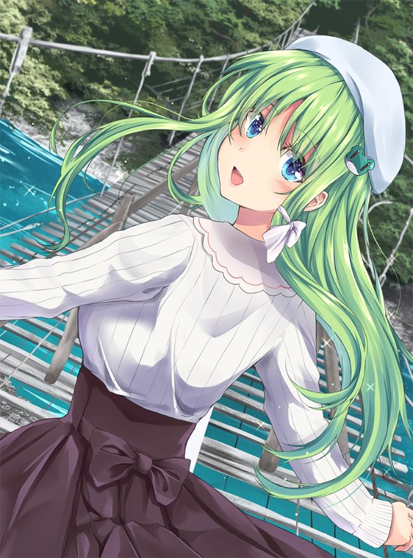 1girl alternate_costume beret blue_eyes blush brown_skirt clenched_hands cliff collar frog_hair_ornament fule green_hair hanging_bridge hat kochiya_sanae leaves long_hair long_sleeve looking_back_at_viewer open_mouth outdoors plants ribbon skirt smile sparkling_water sweatshirt touhou water