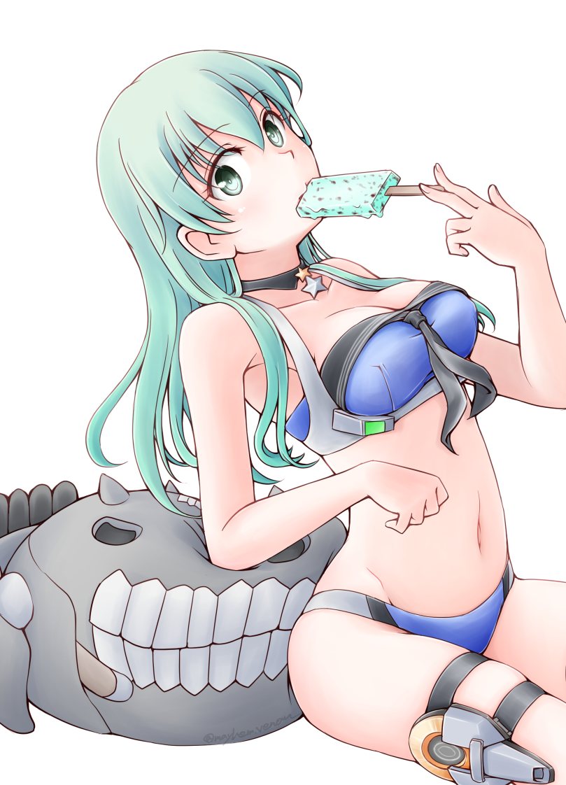 1girl alternate_costume aqua_eyes aqua_hair bikini blue_bikini breasts chocolate_mint_ice_cream collar collarbone cosplay food holding holding_food ice_cream johnston_(kantai_collection) johnston_(kantai_collection)_(cosplay) kantai_collection long_hair medium_breasts meihemu navel solo star suzuya_(kantai_collection) swimsuit thigh_strap