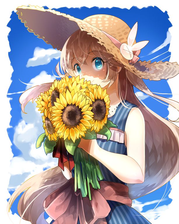 1girl artist_request commentary_request flower hat md5_mismatch shironeko_project straw_hat sunflower tsukimi_(shironeko_project)