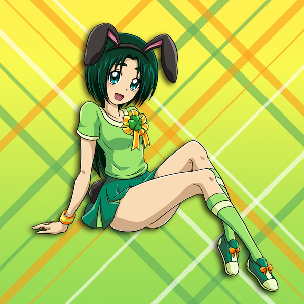 1girl :d akimoto_komachi animal_ears arm_support black_hairband blue_eyes collarbone fake_animal_ears full_body gradient gradient_background green_background green_hair green_legwear green_shirt green_skirt hairband kneehighs leaning_back looking_at_viewer miniskirt niita open_mouth pleated_skirt precure rabbit_ears shiny shiny_hair shirt short_hair short_sleeves sitting skirt smile solo wristband yellow_background yes!_precure_5