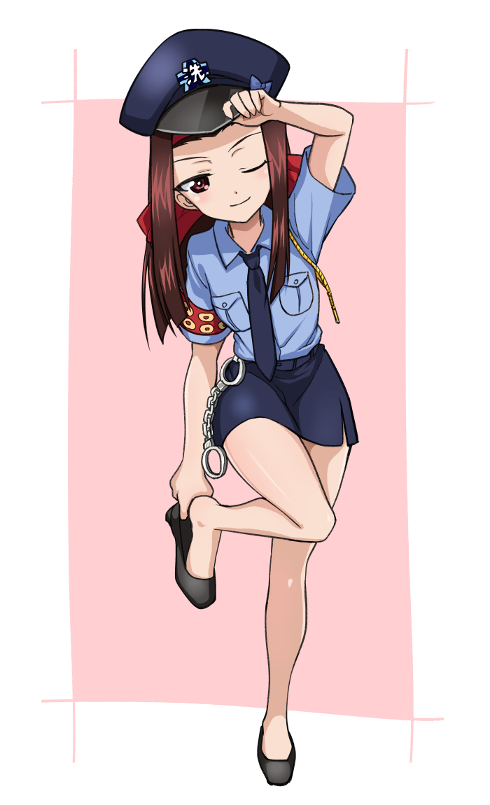 1girl aki_(makinoakira) blue_neckwear blue_skirt blush breasts brown_hair closed_mouth cuffs full_body girls_und_panzer hair_ornament hair_ribbon handcuffs hat leg_up long_hair looking_at_viewer miniskirt necktie one_eye_closed police police_hat police_uniform policewoman red_eyes ribbon saemonza shiny shiny_hair simple_background skirt small_breasts smile solo standing two-tone_background uniform