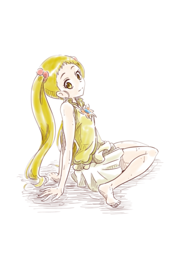 1girl adapted_costume arm_support barefoot blonde_hair closed_mouth cosplay cure_lemonade cure_lemonade_(cosplay) full_body hair_ornament kasugano_urara_(yes!_precure_5) leaning_back long_hair looking_at_viewer miniskirt niita pleated_skirt precure shiny shiny_hair shirt simple_background sitting skirt sleeveless sleeveless_shirt smile soles solo sweatdrop very_long_hair white_background white_skirt yellow_eyes yellow_shirt yes yes!_precure_5