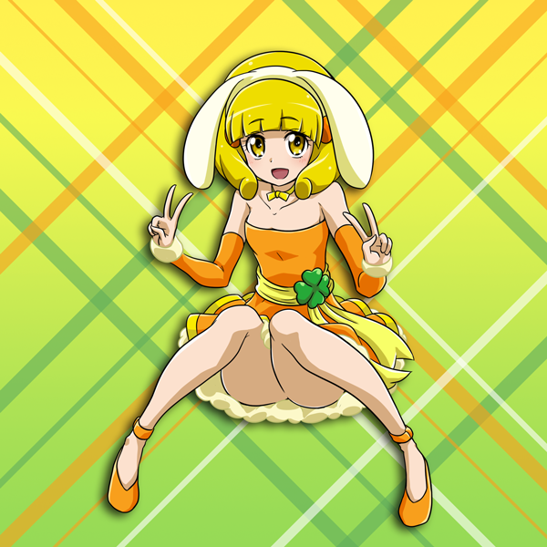 1girl :d animal_ears bangs blonde_hair blunt_bangs choker collarbone detached_sleeves double_v dress fake_animal_ears full_body gradient gradient_background green_background hair_ornament hairband kise_yayoi long_hair long_sleeves looking_at_viewer niita open_mouth orange_dress orange_footwear orange_sleeves pleated_dress precure pumps rabbit_ears shiny shiny_hair sitting sleeveless sleeveless_dress smile smile_precure! solo strapless strapless_dress v white_hairband yellow_background yellow_eyes