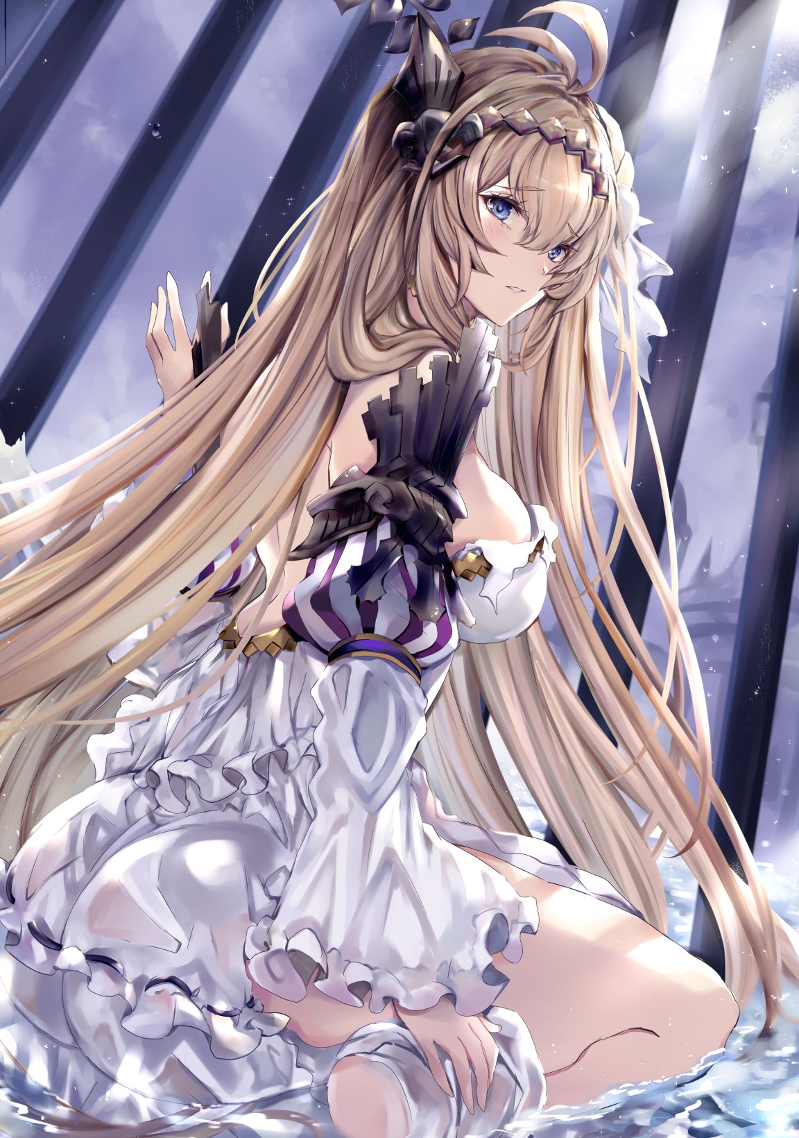 1girl ahoge ass bare_shoulders barefoot blonde_hair blue_eyes breasts detached_sleeves dress granblue_fantasy hair_between_eyes hair_ornament highres hinahino jeanne_d'arc_(granblue_fantasy) kneeling large_breasts long_hair partially_submerged solo wet wet_clothes white_dress