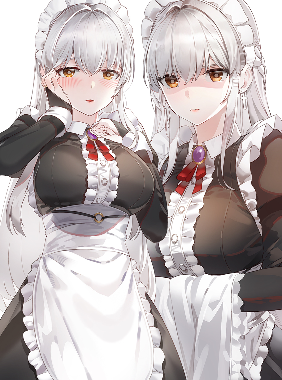 1girl apron bangs blush breasts bridal_gauntlets earrings frills hands_on_own_face highres jewelry kfr large_breasts long_hair looking_at_viewer maid maid_headdress multiple_views original silver_hair solo waist_apron white_background yellow_eyes