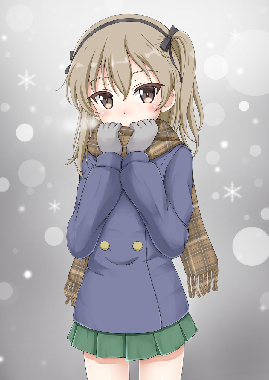 1girl bangs black_bow black_hairband blue_jacket blush bow brown_eyes brown_hair brown_scarf commentary_request covered_mouth eyebrows_visible_through_hair flipper fringe_trim girls_und_panzer gloves green_skirt grey_gloves hair_between_eyes hair_bow hairband hands_up highres jacket long_hair long_sleeves one_side_up plaid plaid_scarf pleated_skirt scarf shimada_arisu skirt snowflakes solo standing