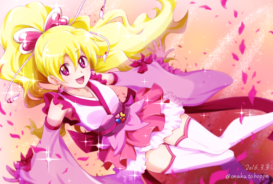 1girl 2016 :d anmitsu_komachi blonde_hair boots bow collarbone cosplay cure_fortune cure_fortune_(cosplay) cure_peach dated detached_sleeves floating_hair fresh_precure! frilled_kimono frills hair_bow happinesscharge_precure! japanese_clothes kimono layered_skirt long_hair long_sleeves looking_at_viewer miniskirt momozono_love niita open_mouth outstretched_arms outstretched_hand pink_bow pink_skirt pink_sleeves pleated_skirt precure red_eyes skirt sleeveless sleeveless_kimono smile solo sparkle thigh-highs thigh_boots twitter_username very_long_hair white_footwear white_kimono white_skirt wide_sleeves zettai_ryouiki