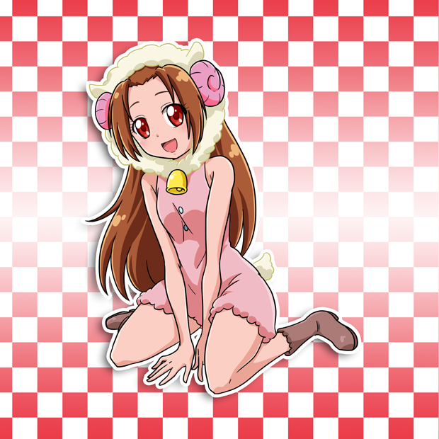 1girl :d bell between_legs boots brown_footwear brown_hair checkered checkered_background dokidoki!_precure dress hand_between_legs horns kneeling long_hair looking_at_viewer madoka_aguri niita open_mouth pink_dress precure red_eyes shiny shiny_hair short_dress sleeveless sleeveless_dress smile solo very_long_hair