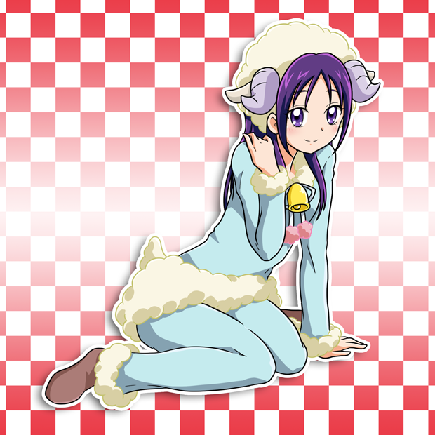 arm_support bell blue_pants blue_shirt brown_footwear checkered checkered_background closed_mouth fur-trimmed_pants fur-trimmed_sleeves fur_trim futari_wa_precure_splash_star horns long_hair long_sleeves looking_at_viewer mishou_mai neck_ribbon niita pants precure purple_hair ribbon shiny shiny_hair shirt sitting smile violet_eyes white_ribbon