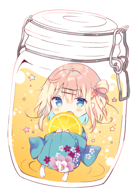 1girl bangs blonde_hair blue_eyes blue_hair blue_kimono blush bottle chibi commentary_request eyebrows_visible_through_hair floral_print food fruit hair_between_eyes hair_ornament hairclip in_bottle in_container japanese_clothes kimono knees_up lemon lemon_slice long_sleeves looking_at_viewer mayu_(yuizaki_kazuya) multicolored_hair object_hug one_side_up open_mouth original print_kimono simple_background solo star tabi two-tone_hair white_background white_legwear yuizaki_kazuya