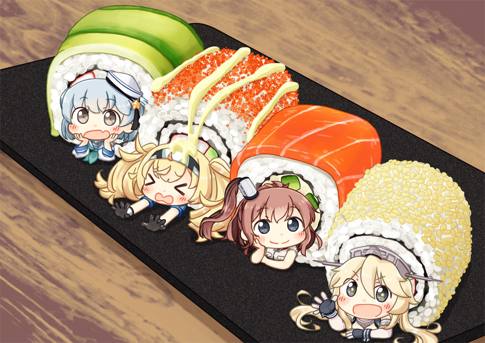 4girls blonde_hair blue_eyes blue_hair blue_shirt blush breast_pocket breasts brown_hair chibi closed_eyes collared_shirt dixie_cup_hat double_bun dress elbow_gloves fish food gambier_bay_(kantai_collection) gloves hair_between_eyes hair_ornament hairband hat headgear hinata_yuu iowa_(kantai_collection) kantai_collection large_breasts long_hair long_sleeves looking_at_viewer military_hat multiple_girls open_mouth pocket rice sailor_collar samuel_b._roberts_(kantai_collection) saratoga_(kantai_collection) school_uniform serafuku shirt short_hair short_sleeves smile star star-shaped_pupils sushi symbol-shaped_pupils twintails white_dress