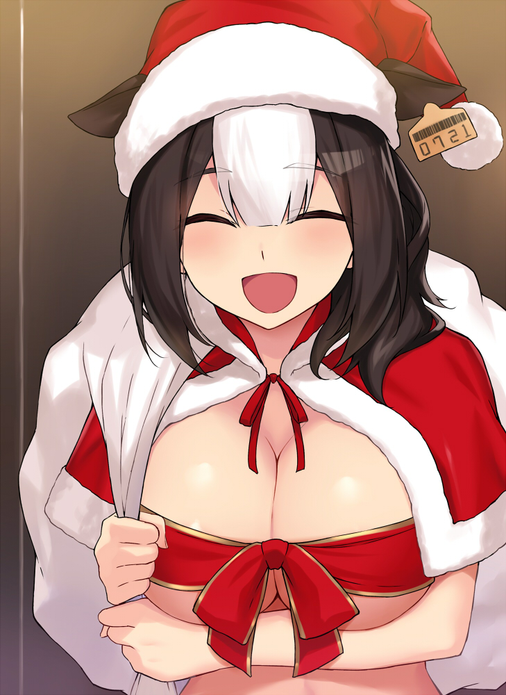 1girl :d ^_^ black_hair breasts capelet cccpo christmas closed_eyes cow_girl eyebrows_visible_through_hair hat large_breasts multicolored_hair open_mouth original red_headwear red_ribbon ribbon santa_hat short_hair smile solo two-tone_hair white_hair