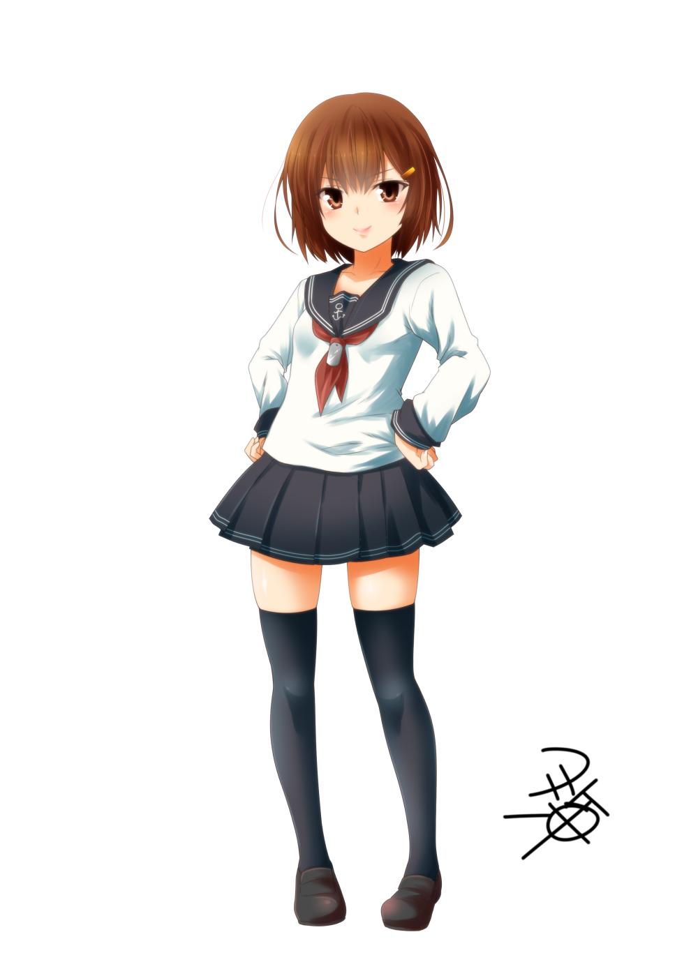 black_legwear blue_skirt brown_footwear brown_hair hair_ornament hairclip highres ikazuchi_(kantai_collection) kantai_collection loafers looking_at_viewer neckerchief pleated_skirt red_neckwear school_uniform serafuku shoes short_hair signature simple_background skirt smile thigh-highs white_background yua_(checkmate)