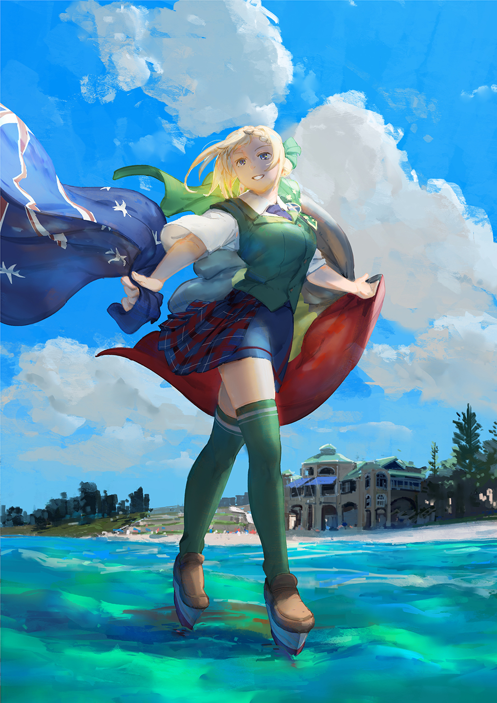 1girl australian_flag blonde_hair blue_neckwear blue_skirt blue_sky braid braided_bun brown_footwear building cloak clouds commentary day english_commentary green_cloak green_legwear green_vest highres kantai_collection loafers necktie outdoors parted_lips perth_(kantai_collection) plaid plaid_skirt pleated_skirt shirt shoes short_hair short_sleeves skirt sky smile solo thigh-highs vest violet_eyes walking walking_on_liquid water white_shirt ye_fan