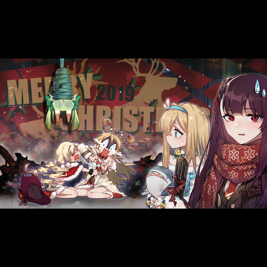 5girls alternate_costume art556_(girls_frontline) christmas colt_m1873_(girls_frontline) cowboy_hat crying dizzy_(feeling) english_text girls_frontline hat hug multiple_girls official_art rfb_(girls_frontline) scarf snot snot_trail spoilers suomi_kp31_(girls_frontline) surprised upside-down wa2000_(girls_frontline)