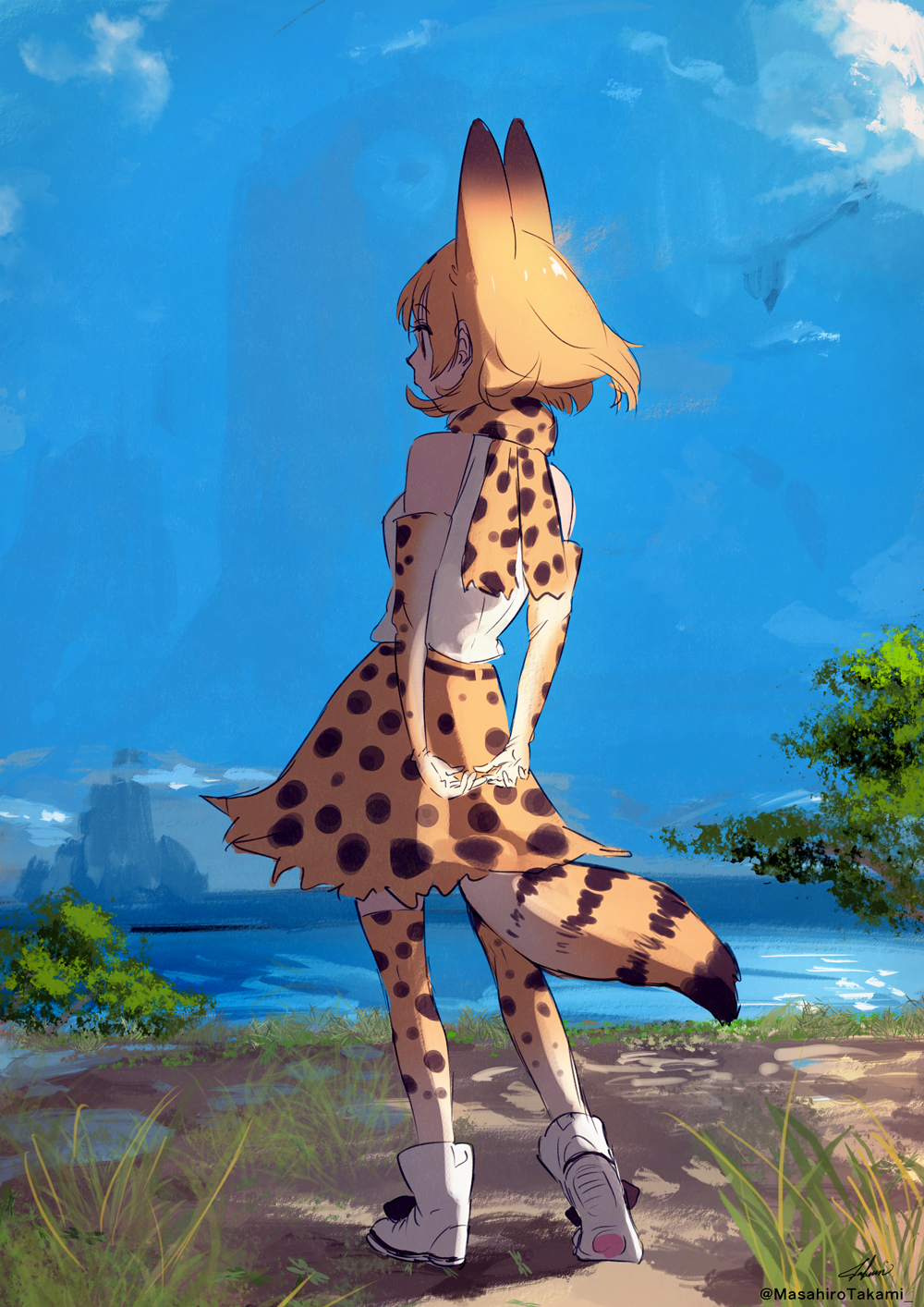 1girl animal_ears arms_behind_back bare_shoulders blonde_hair blue_sky commentary_request day elbow_gloves from_behind full_body gloves highres kemono_friends outdoors print_legwear print_scarf print_skirt scarf serval_(kemono_friends) serval_ears serval_print serval_tail shirt short_hair signature skirt sky sleeveless sleeveless_shirt solo standing tail takami_masahiro thigh-highs twitter_username white_footwear white_shirt