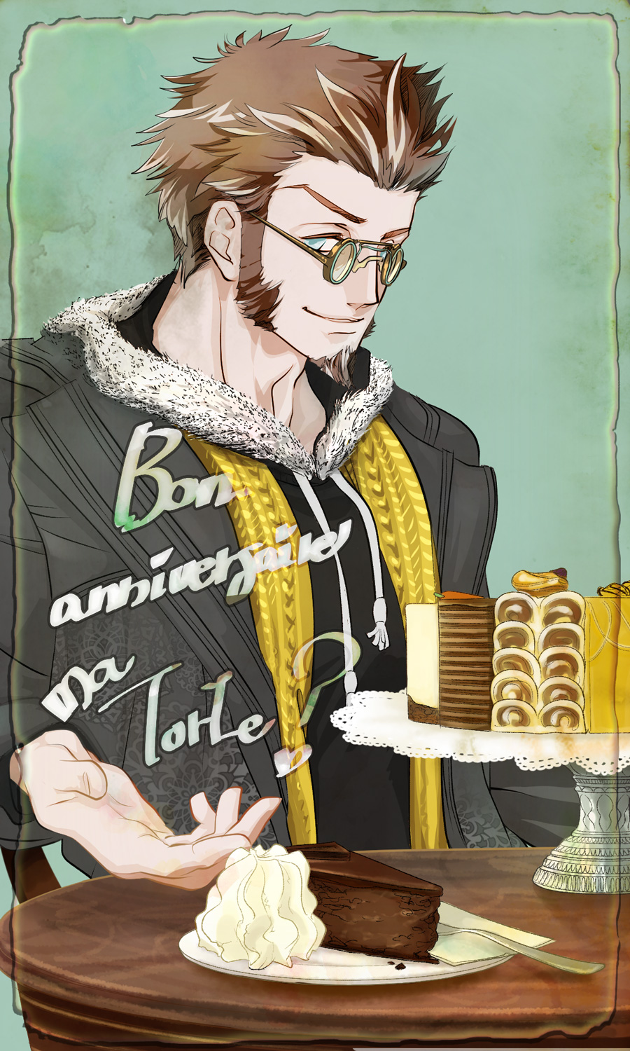 1boy bad_id beard blue_eyes border brown_hair cake cream facial_hair fate/grand_order fate_(series) food glasses highres long_sleeves looking_at_viewer male_focus napoleon_bonaparte_(fate/grand_order) scarf simple_background smile solo table