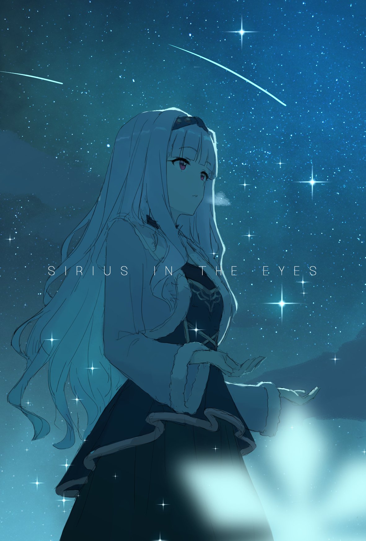 1girl artist_request bangs blunt_bangs breasts english_text eyebrows_visible_through_hair fur_trim hairband highres idolmaster idolmaster_(classic) large_breasts long_hair night night_sky shijou_takane silver_hair sky solo violet_eyes