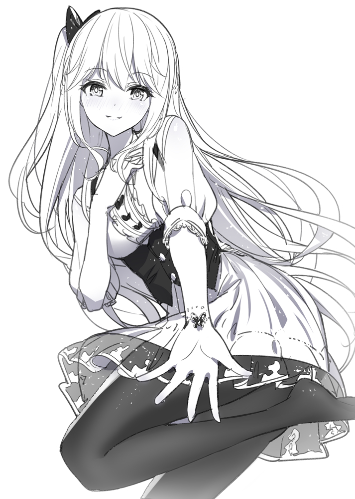 1girl bangs blush bow bracelet breasts center_frills commentary_request emily_stock eyebrows_visible_through_hair frills greyscale hair_between_eyes hair_bow heart jewelry long_hair medium_breasts monochrome no_shoes one_side_up original outstretched_arm pantyhose parted_lips puffy_short_sleeves puffy_sleeves ririko_(zhuoyandesailaer) see-through shirt short_sleeves simple_background skirt smile solo standing standing_on_one_leg underbust very_long_hair white_background